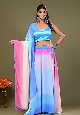 Sky Blue Embroidered Satin Lehenga Set