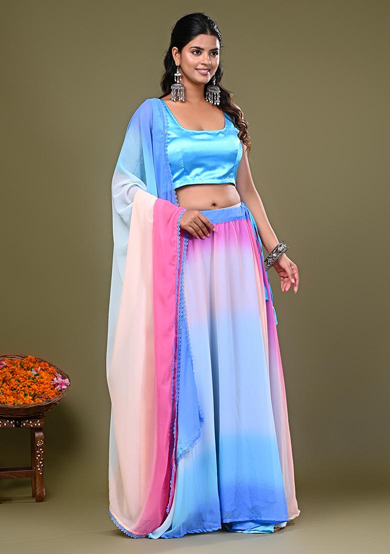 Sky Blue Embroidered Satin Lehenga Set