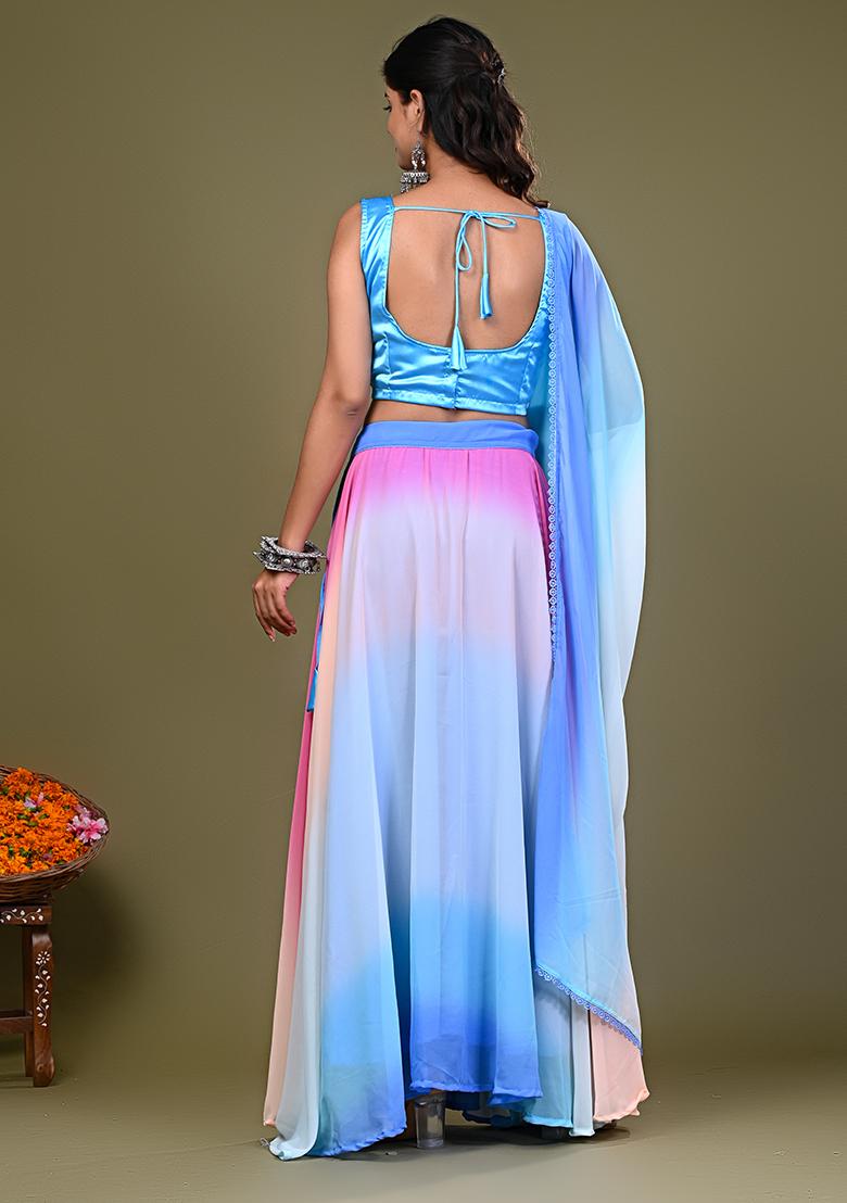 Sky Blue Embroidered Satin Lehenga Set