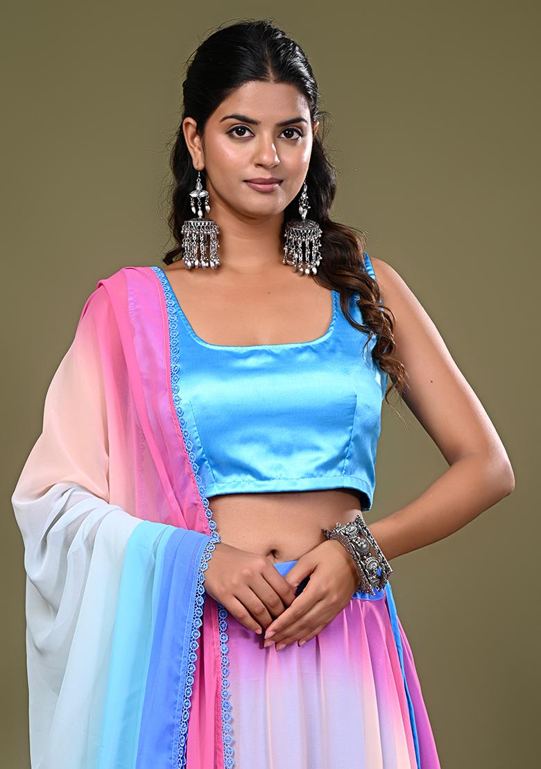 Sky Blue Embroidered Satin Lehenga Set