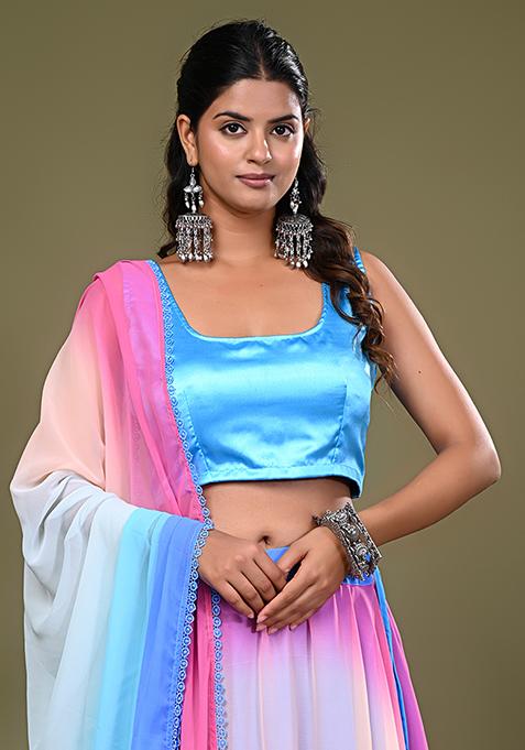 Sky Blue Embroidered Satin Lehenga Set