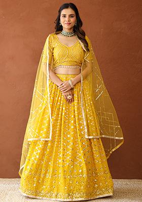 Yellow Embroidered Georgette Lehenga Set