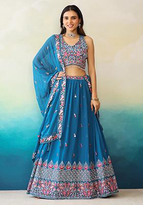 Blue Embroidered Georgette Lehenga Set