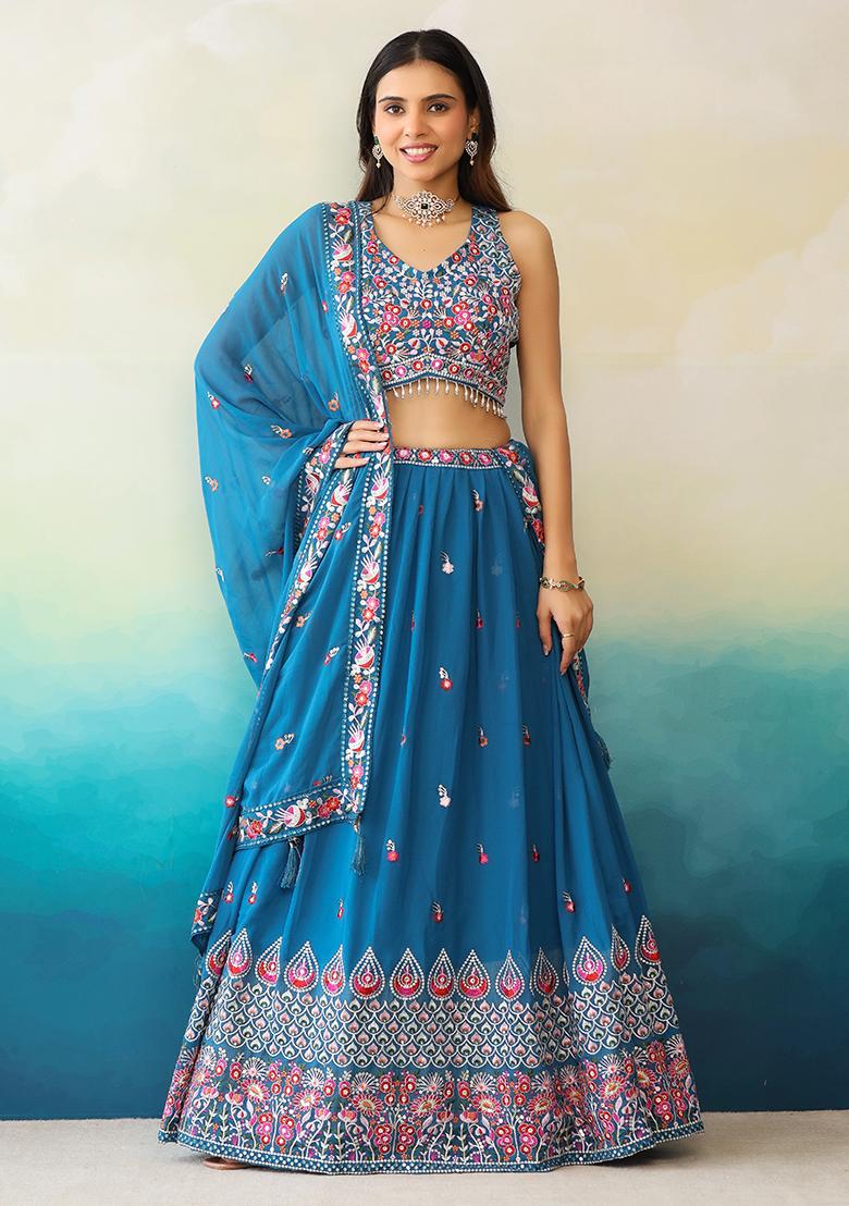 Blue Embroidered Georgette Lehenga Set