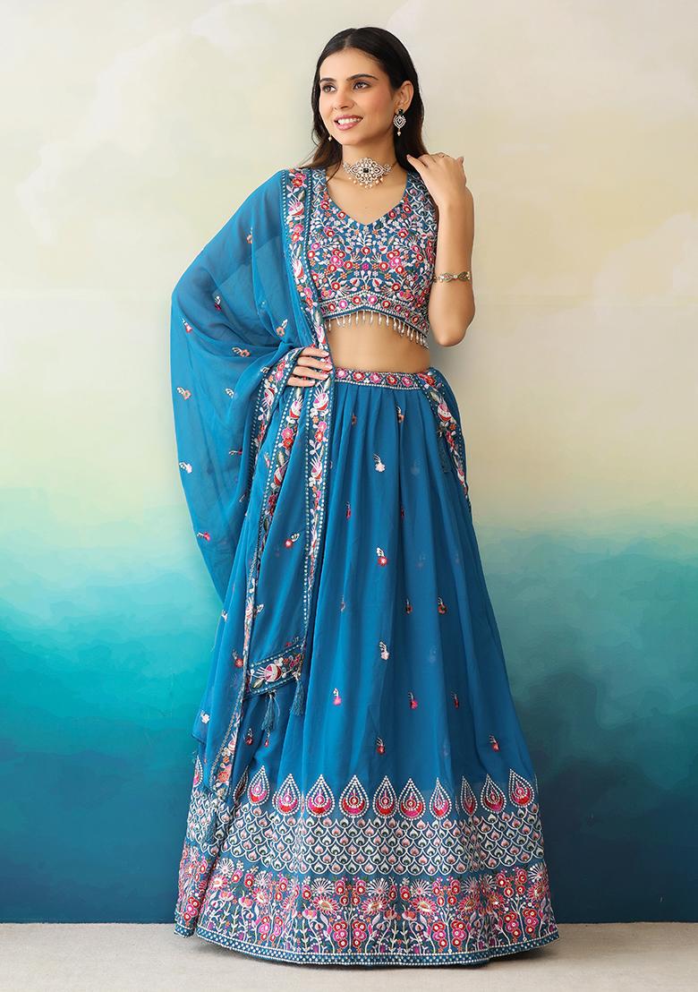 Blue Embroidered Georgette Lehenga Set