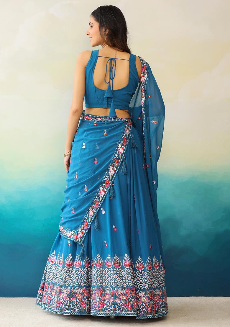 Blue Embroidered Georgette Lehenga Set