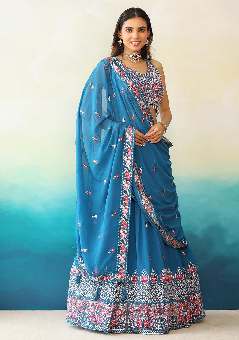 Blue Embroidered Georgette Lehenga Set