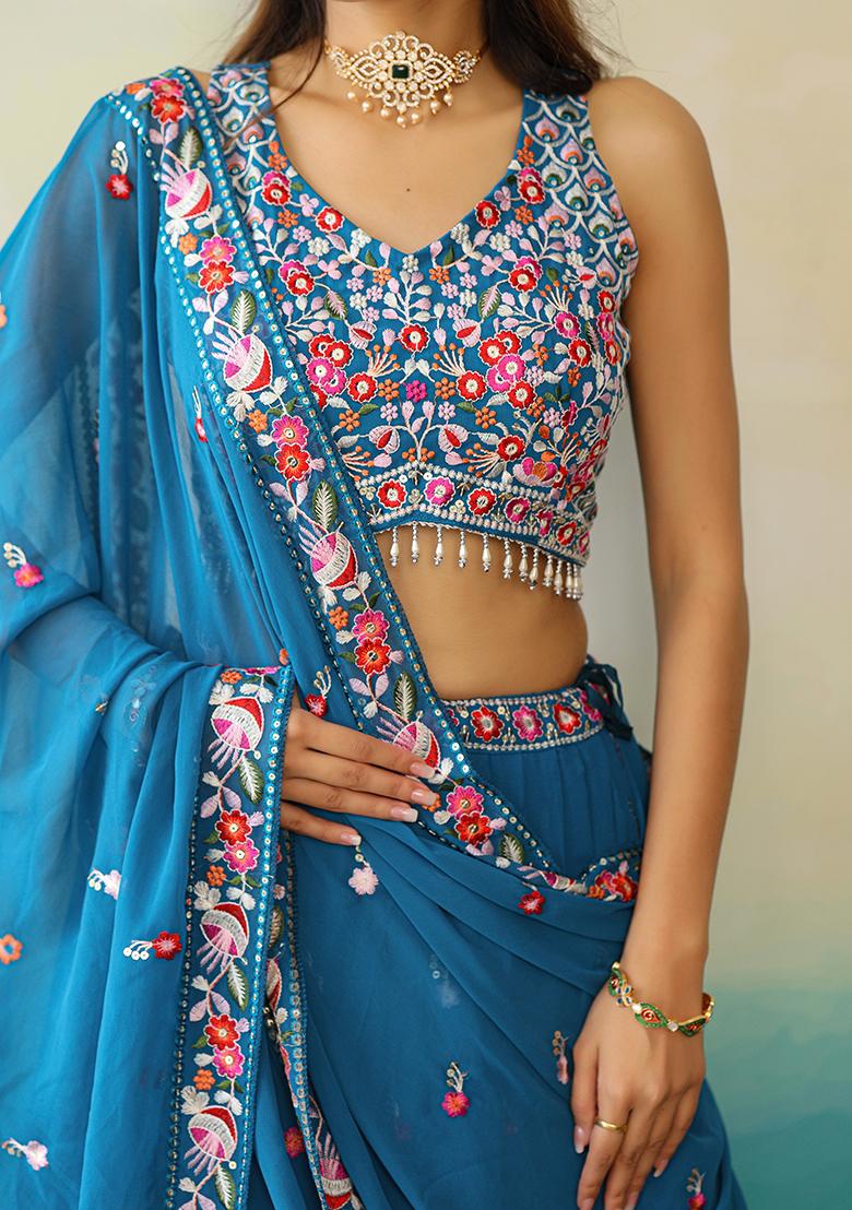 Blue Embroidered Georgette Lehenga Set