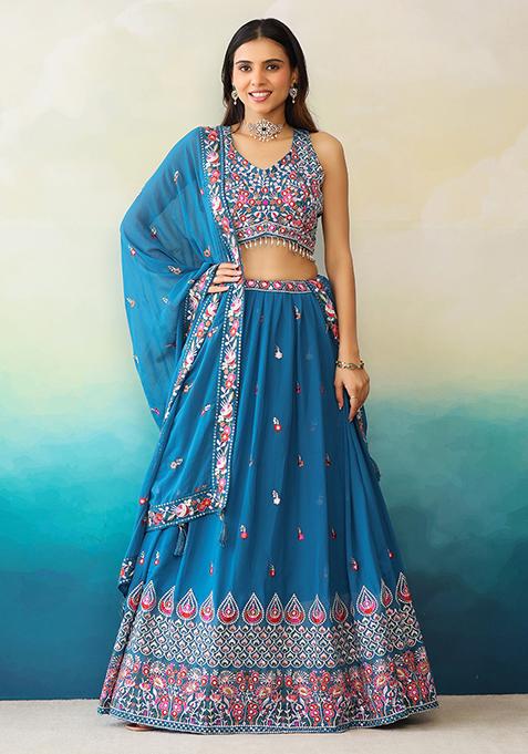 Blue Embroidered Georgette Lehenga Set