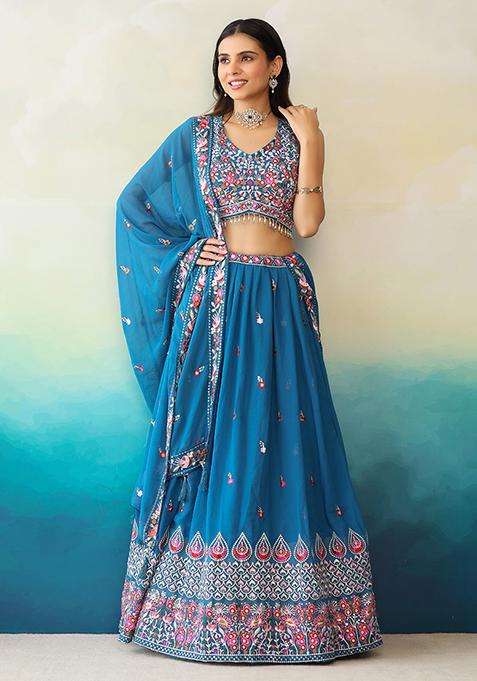Blue Embroidered Georgette Lehenga Set