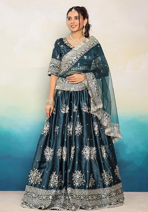 Green Embroidered Silk Lehenga Set