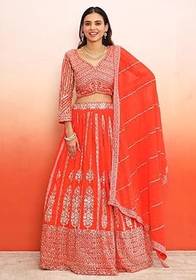 Orange Embroidered Georgette Lehenga Set