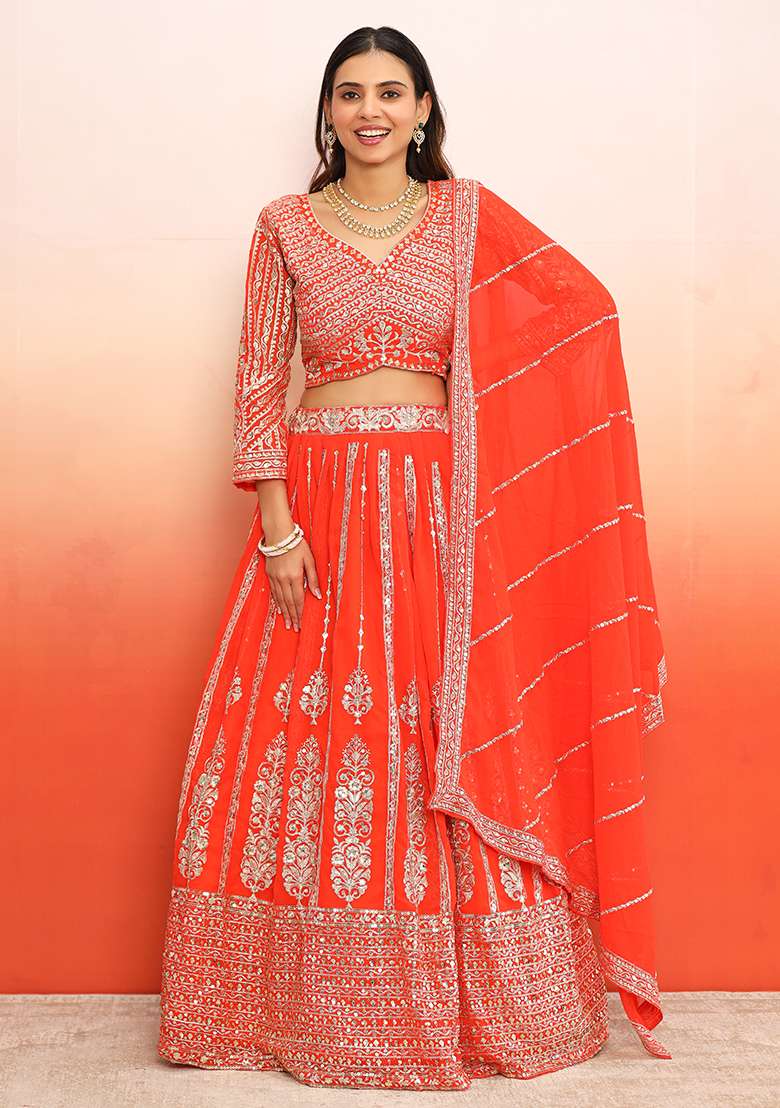 Orange Georgette Lehenga Set with Embroidered for Diwali | Wedding & Festive Wear - Indya