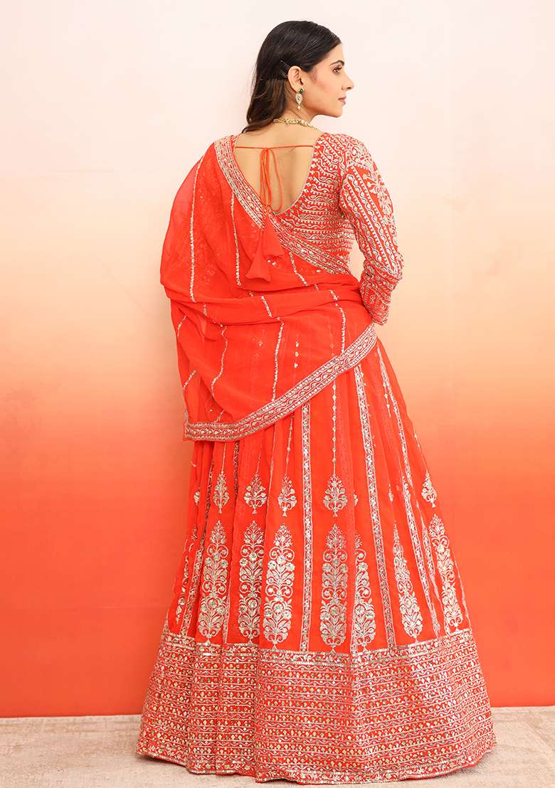 Orange Georgette Lehenga Set with Embroidered for Diwali | Wedding & Festive Wear - Indya
