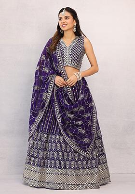 Purple Embroidered Georgette Lehenga Set
