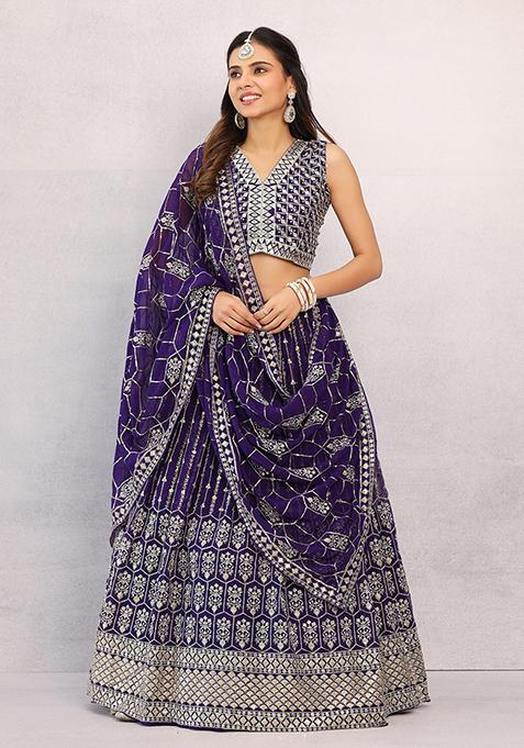 Purple Embroidered Georgette Lehenga Set