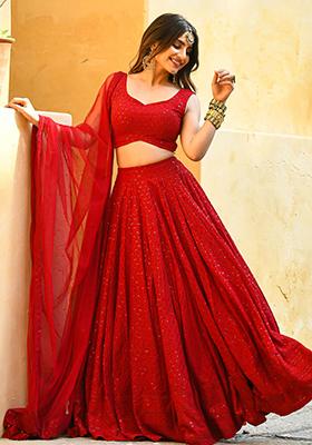 Red Embroidered Rayon Lehenga Set