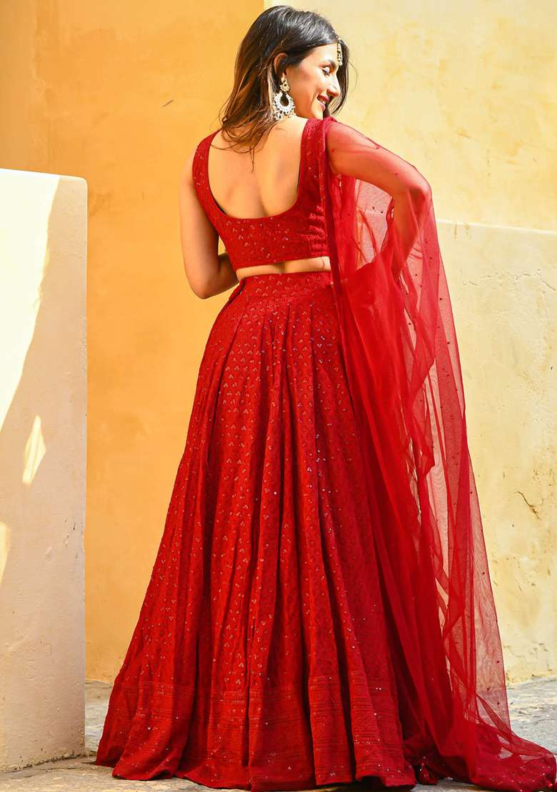 Red Embroidered Rayon Lehenga Set for Diwali and Festive Wear - Indya