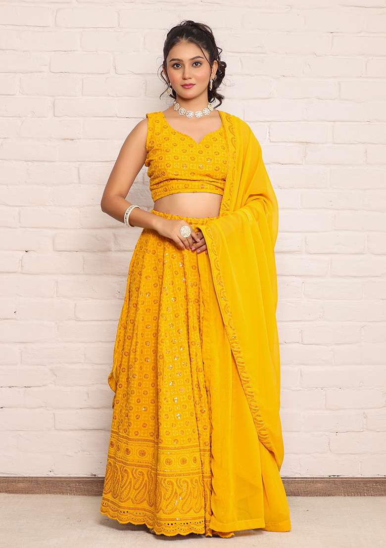 Mustard Embroidered Rayon Lehenga Set for Diwali and Festive Wear - Indya