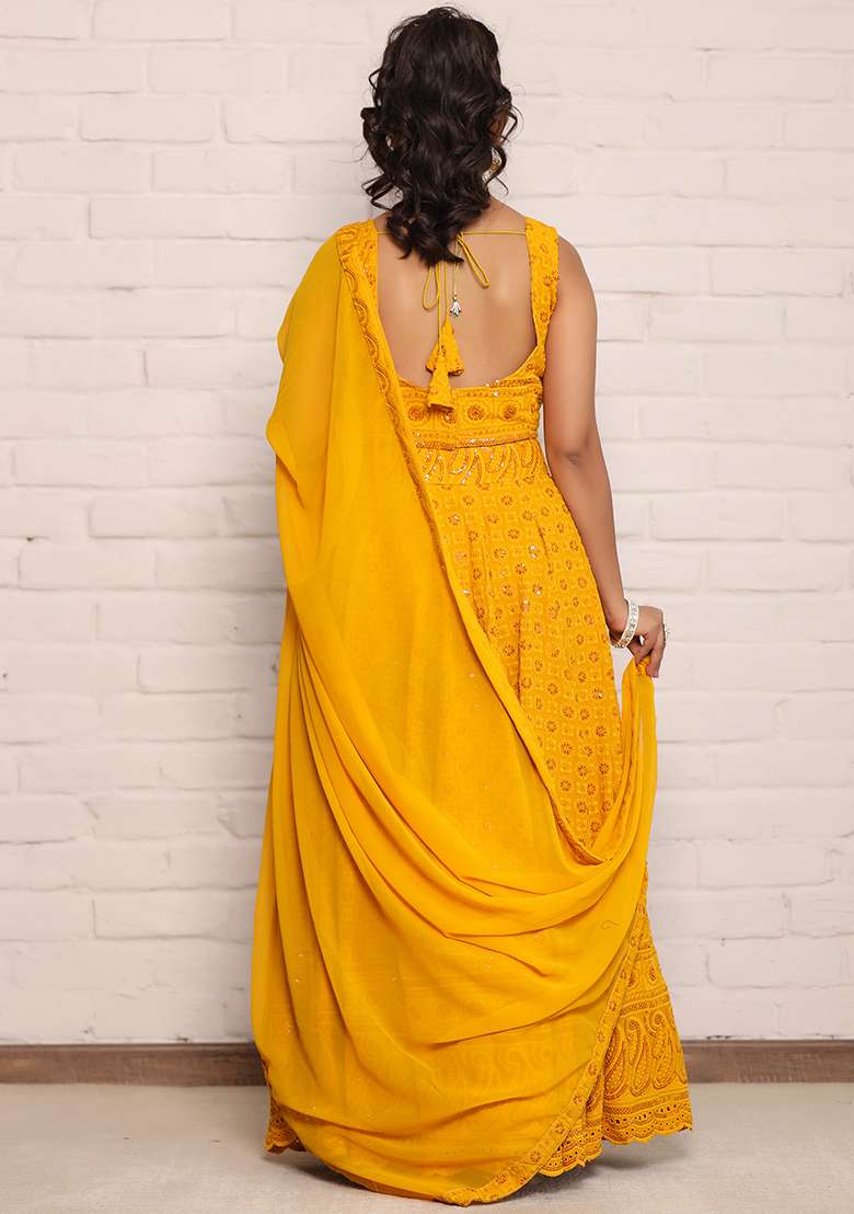 Mustard Embroidered Rayon Lehenga Set for Diwali and Festive Wear - Indya