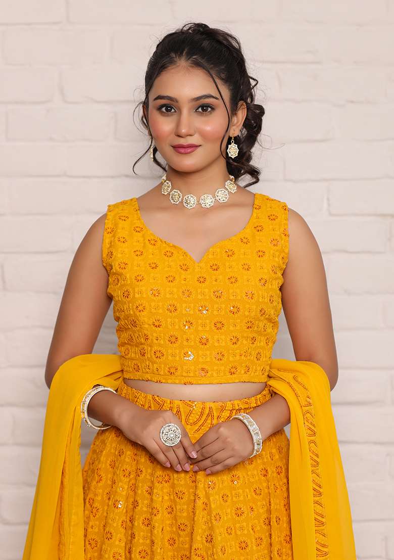 Mustard Embroidered Rayon Lehenga Set for Diwali and Festive Wear - Indya