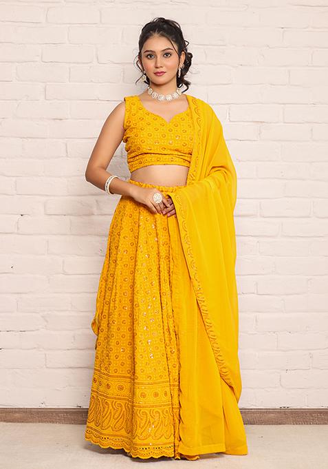Mustard Embroidered Rayon Lehenga Set