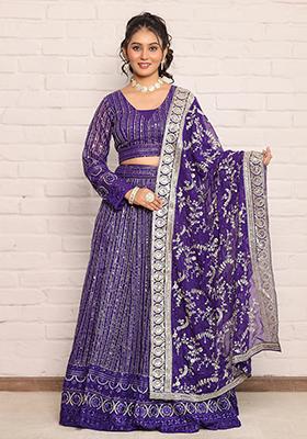 Purple Embroidered Georgette Lehenga Set