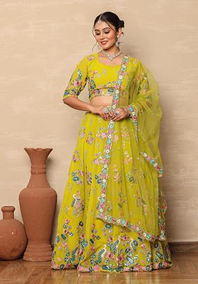 Yellow Embroidered Georgette Lehenga Set