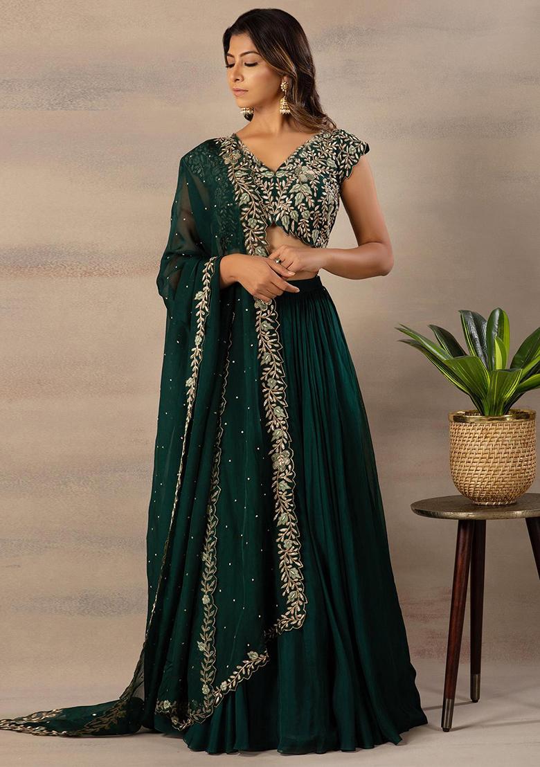 Green Sequins Embroidered Georgette Lehenga Set