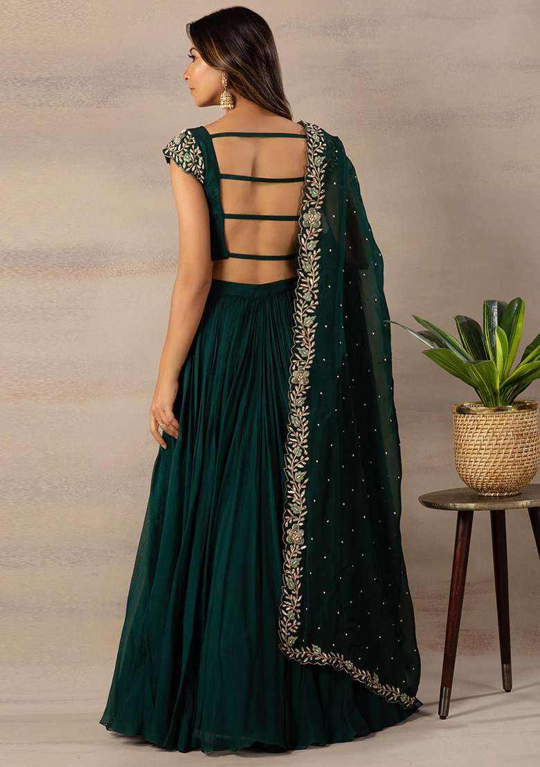 Green Sequins Embroidered Georgette Lehenga Set for Diwali and Festive Wear - Indya