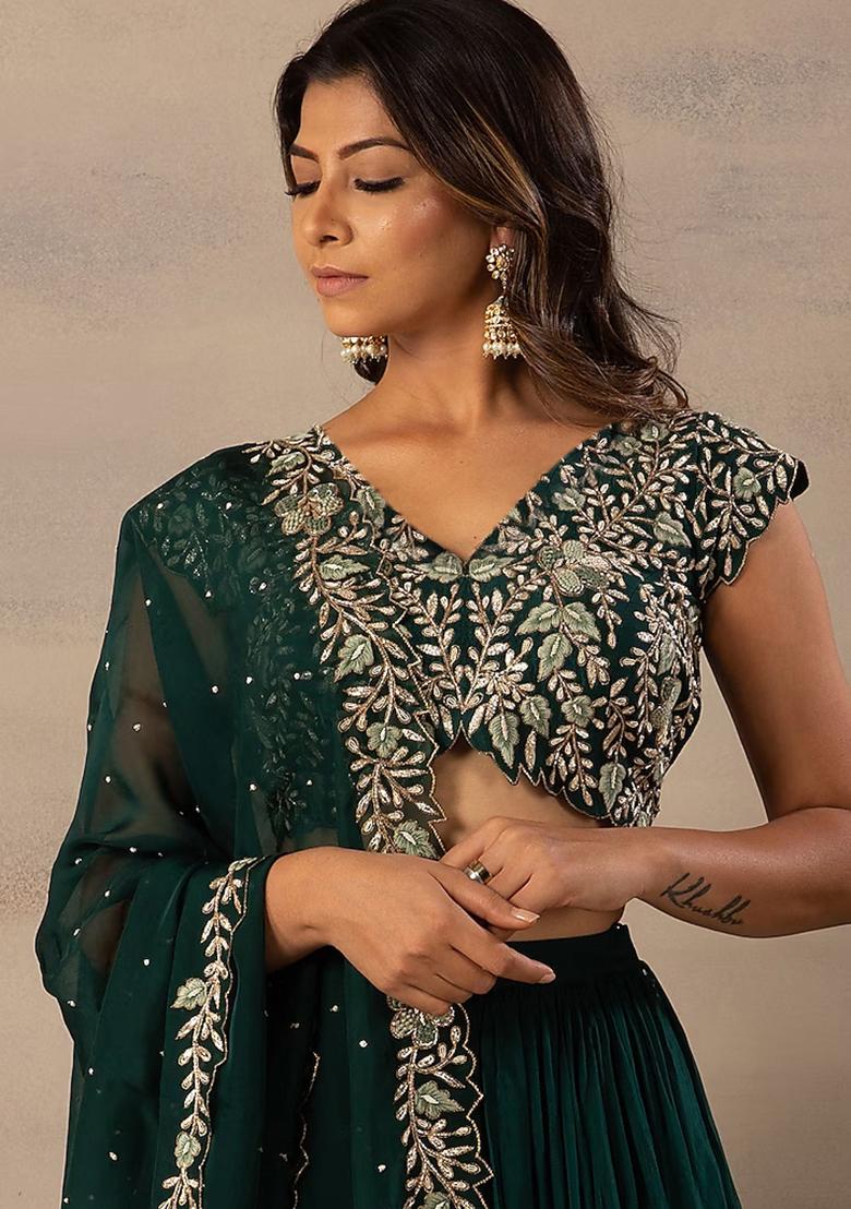 Green Sequins Embroidered Georgette Lehenga Set