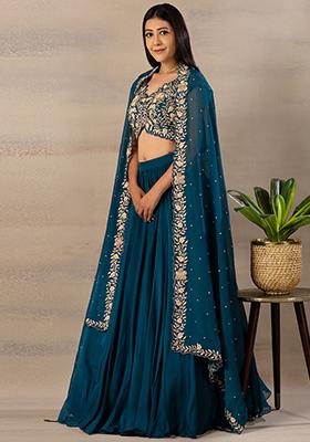 Dark Firozi Sequins Embroidered Georgette Lehenga Set