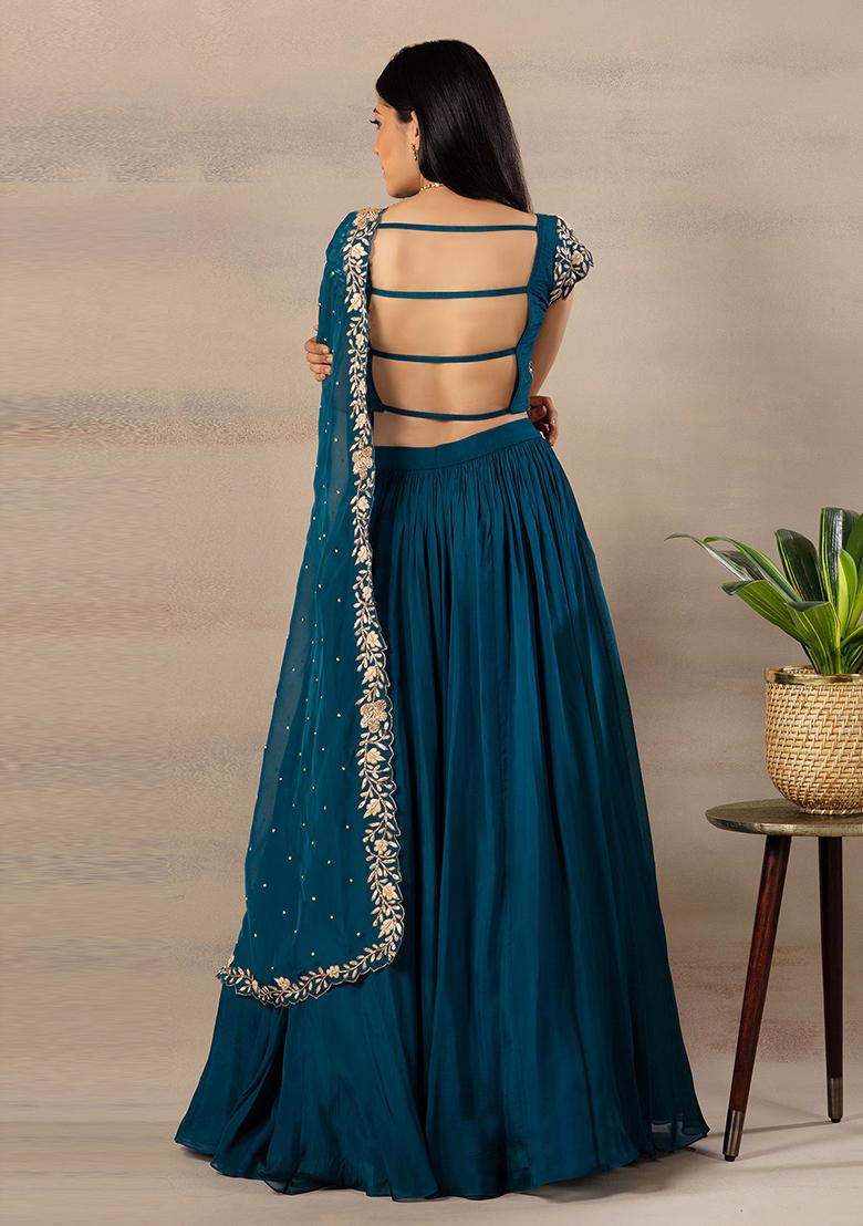 Dark Firozi Sequins Embroidered Georgette Lehenga Set