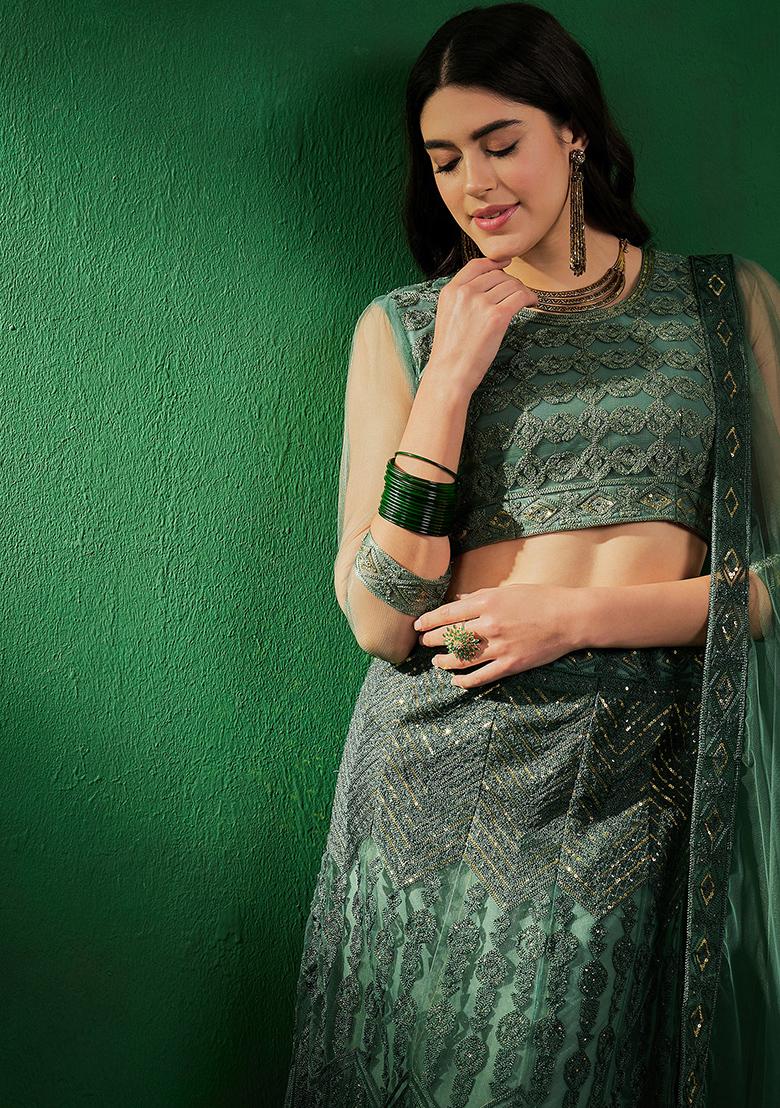 Green Sequin Embroidered Net Lehenga Set - Indya