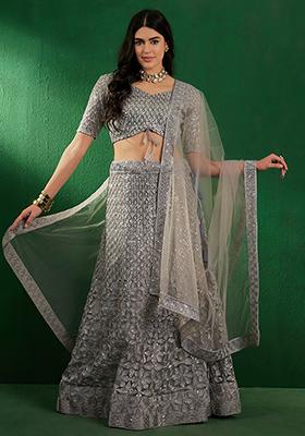Grey Sequin Zari Embroidered Net Lehenga Set