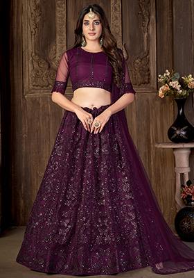 Wine Sequin Zari Embroidered Net Lehenga Set