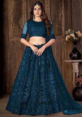Teal Sequin Zari Embroidered Net Lehenga Set