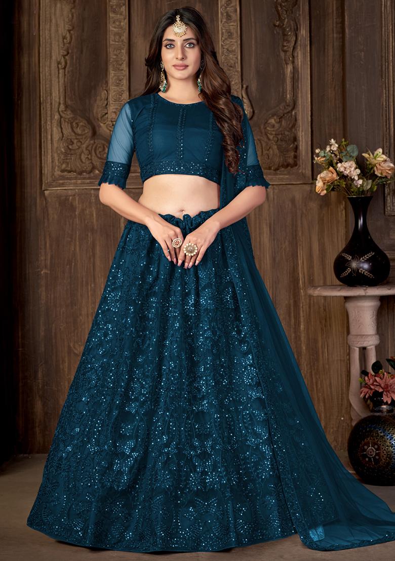 Teal Sequin Zari Embroidered Net Lehenga Set