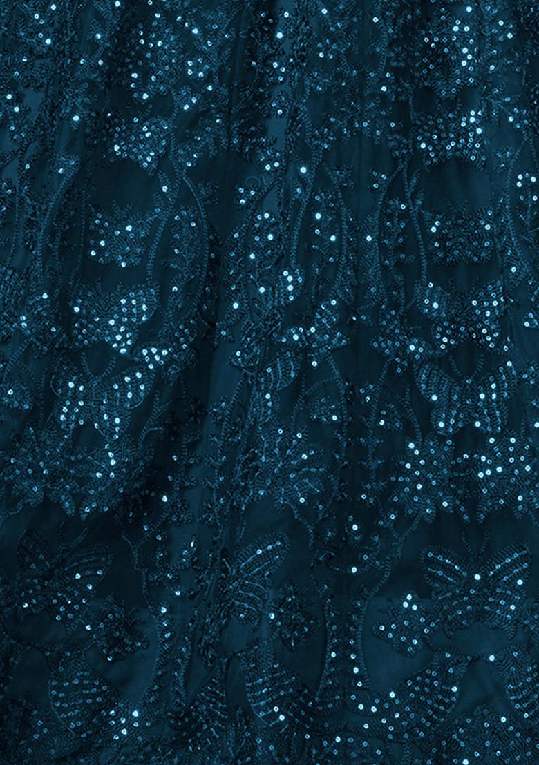 Teal Sequin Zari Embroidered Net Lehenga Set