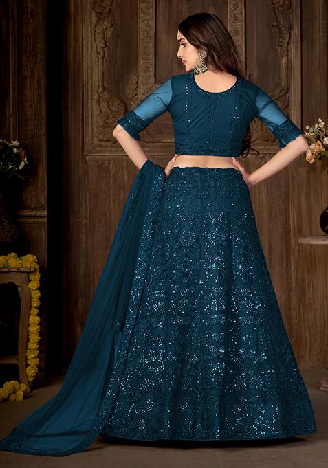 Teal Sequin Zari Embroidered Net Lehenga Set