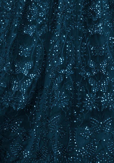 Teal Sequin Zari Embroidered Net Lehenga Set