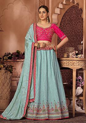 Turquoise Sequin Zari Embroidered Silk Blend Lehenga Set