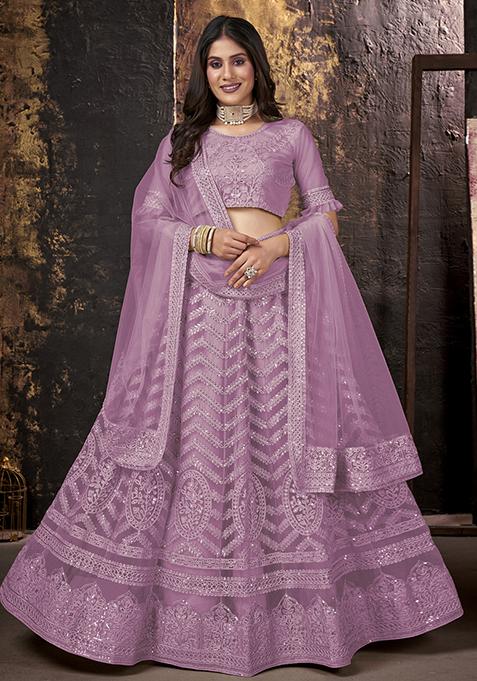Pink Sequin Embroidered Net Lehenga Set