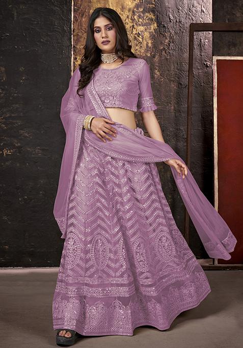 Pink Sequin Embroidered Net Lehenga Set