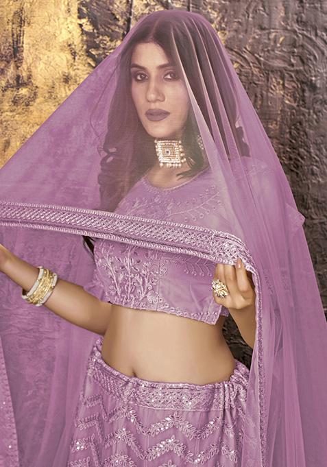 Pink Sequin Embroidered Net Lehenga Set