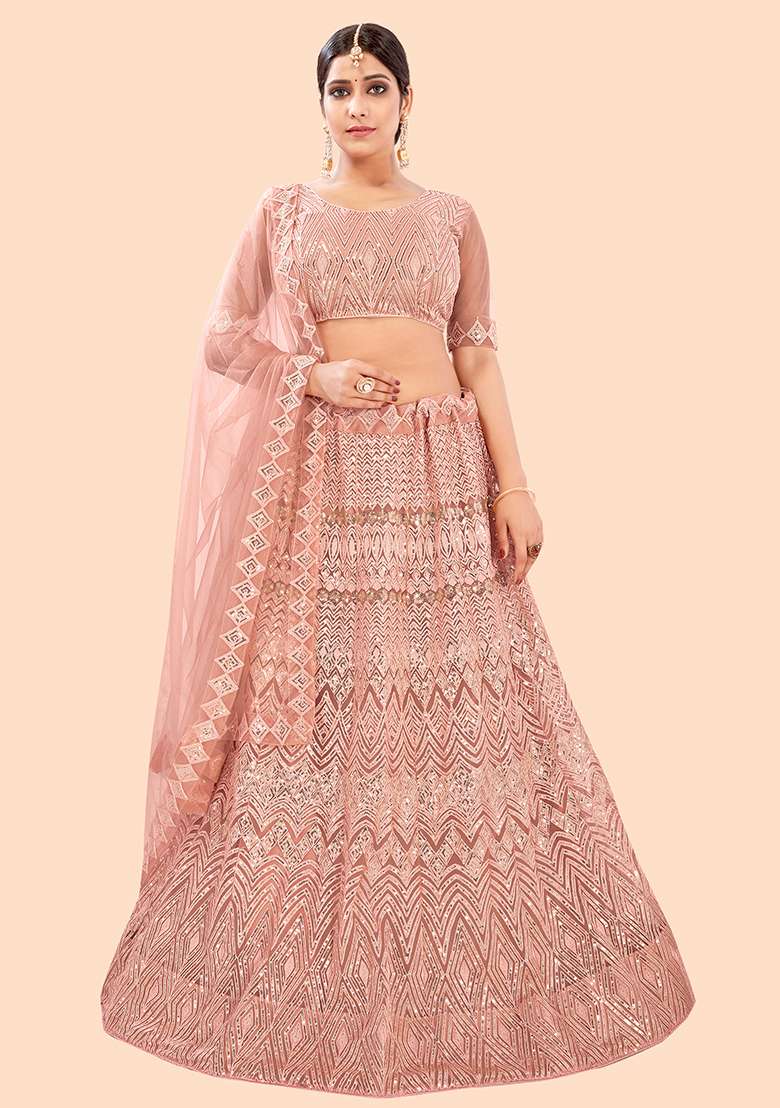 PEACH Sequin Embroidered Net Lehenga Set - Indya