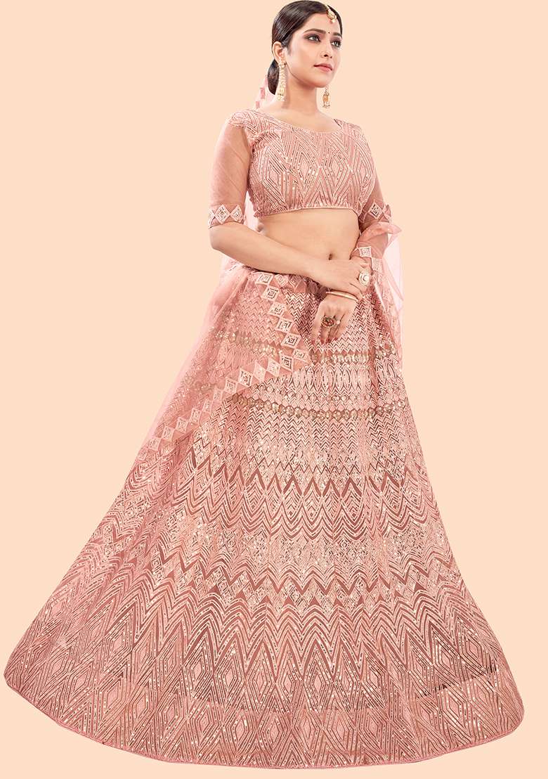 PEACH Sequin Embroidered Net Lehenga Set - Indya