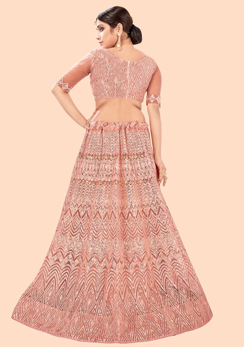 PEACH Sequin Embroidered Net Lehenga Set - Indya