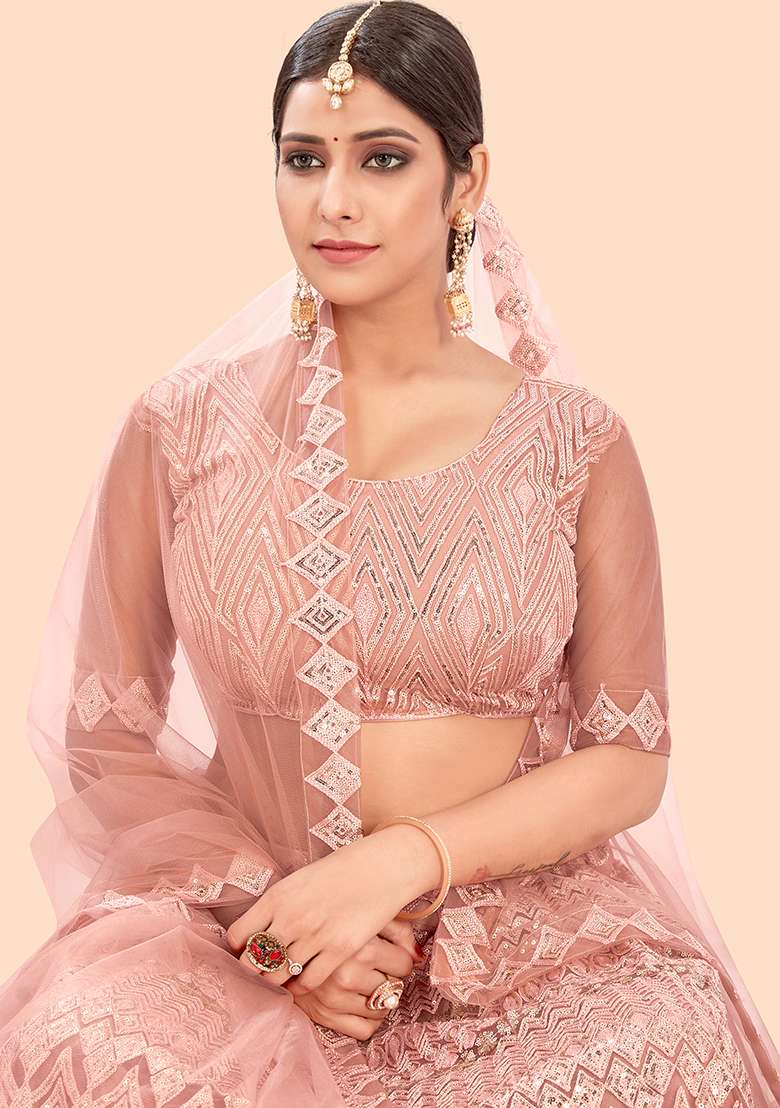 PEACH Sequin Embroidered Net Lehenga Set - Indya