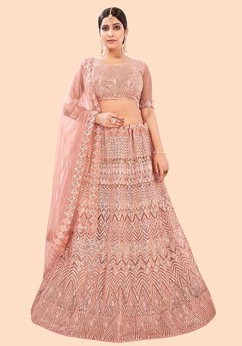 PEACH Sequin Embroidered Net Lehenga Set